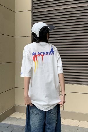 Unisex Loose Fit Metal Flame Letter Print Short Sleeve T-Shirt, American Style, Couple Design, High Street Fashion
