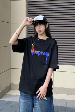 Unisex Loose Fit Metal Flame Letter Print Short Sleeve T-Shirt, American Style, Couple Design, High Street Fashion