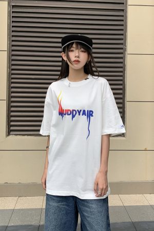 Unisex Loose Fit Metal Flame Letter Print Short Sleeve T-Shirt, American Style, Couple Design, High Street Fashion