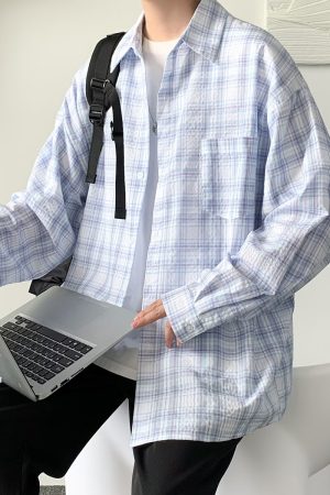 Unisex Loose-Fit Plaid Shirt Jacket - Hong Kong Style, Long Sleeve, Summer City Boy Vibe, Trendy High-End Fashion
