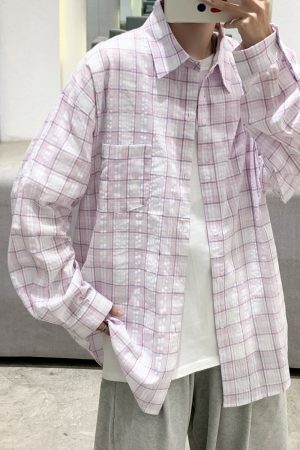 Unisex Loose-Fit Plaid Shirt Jacket - Hong Kong Style, Long Sleeve, Summer City Boy Vibe, Trendy High-End Fashion
