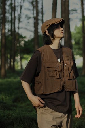 Unisex Multi-Pocket Outdoor Short Vest - Retro College Style Sleeveless Workwear for Men and Women