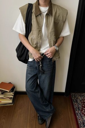 Unisex Oversized Denim Vest with Shoulder Pads - Vintage Workwear Style, Casual Sleeveless Top for 90s Inspired Fashion