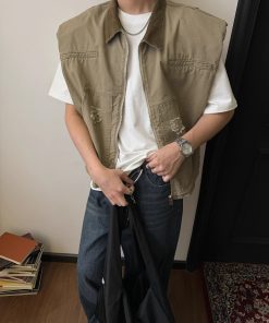 Unisex Oversized Denim Vest with Shoulder Pads - Vintage Workwear Style, Casual Sleeveless Top for 90s Inspired Fashion