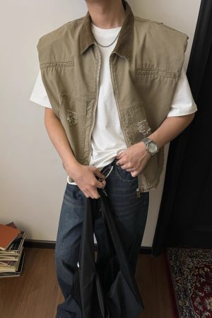 Unisex Oversized Denim Vest with Shoulder Pads - Vintage Workwear Style, Casual Sleeveless Top for 90s Inspired Fashion