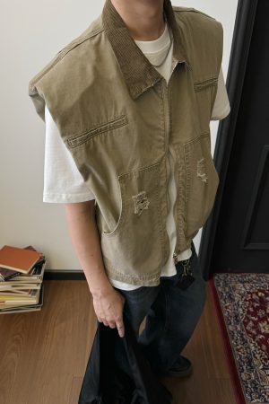 Unisex Oversized Denim Vest with Shoulder Pads - Vintage Workwear Style, Casual Sleeveless Top for 90s Inspired Fashion