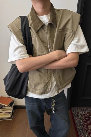 Unisex Oversized Denim Vest with Shoulder Pads - Vintage Workwear Style, Casual Sleeveless Top for 90s Inspired Fashion