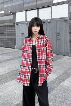 Unisex Oversized Plaid Shirt Jacket, Loose Fit Long Sleeve American Retro Style, Lightweight Thin Layering Top