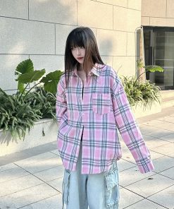 Unisex Oversized Plaid Shirt Jacket, Loose Fit Long Sleeve American Retro Style, Lightweight Thin Layering Top