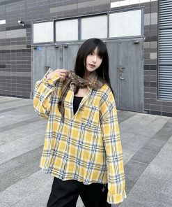 Unisex Oversized Plaid Shirt Jacket, Loose Fit Long Sleeve American Retro Style, Lightweight Thin Layering Top