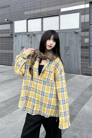 Unisex Oversized Plaid Shirt Jacket, Loose Fit Long Sleeve American Retro Style, Lightweight Thin Layering Top