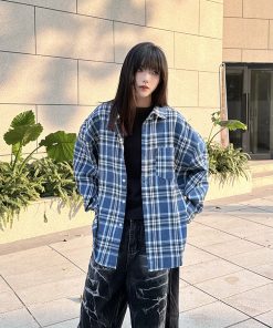 Unisex Oversized Plaid Shirt Jacket, Loose Fit Long Sleeve American Retro Style, Lightweight Thin Layering Top