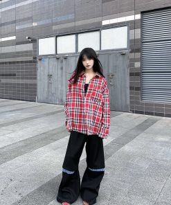 Unisex Oversized Plaid Shirt Jacket, Loose Fit Long Sleeve American Retro Style, Lightweight Thin Layering Top