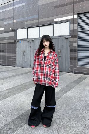 Unisex Oversized Plaid Shirt Jacket, Loose Fit Long Sleeve American Retro Style, Lightweight Thin Layering Top
