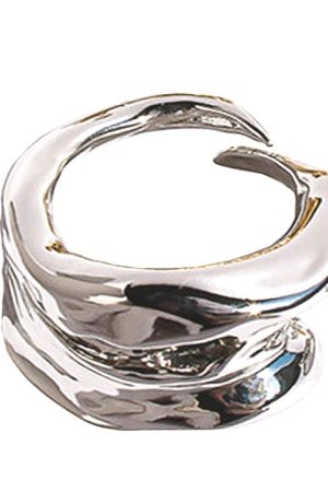 Unisex Pleated Texture Three-Dimensional Layered Wide Open Ring - Natural Stream Niche Design for European and American Style