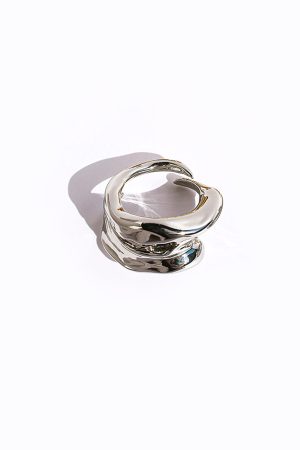 Unisex Pleated Texture Three-Dimensional Layered Wide Open Ring - Natural Stream Niche Design for European and American Style