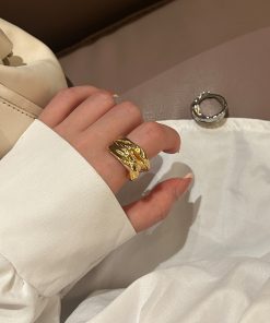 Unisex Pleated Texture Three-Dimensional Layered Wide Open Ring - Natural Stream Niche Design for European and American Style