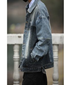 Unisex Retro Blue Patchwork Denim Jacket - Hip-Hop Loose Fit Workwear for Spring and Autumn, Vintage Japanese Style