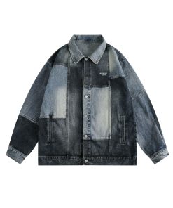 Unisex Retro Blue Patchwork Denim Jacket - Hip-Hop Loose Fit Workwear for Spring and Autumn, Vintage Japanese Style