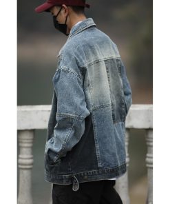 Unisex Retro Blue Patchwork Denim Jacket - Hip-Hop Loose Fit Workwear for Spring and Autumn, Vintage Japanese Style