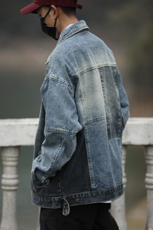 Unisex Retro Blue Patchwork Denim Jacket - Hip-Hop Loose Fit Workwear for Spring and Autumn, Vintage Japanese Style