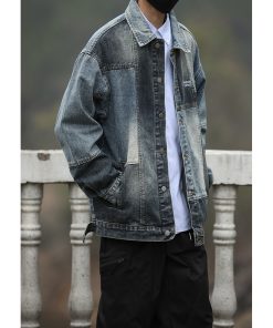 Unisex Retro Blue Patchwork Denim Jacket - Hip-Hop Loose Fit Workwear for Spring and Autumn, Vintage Japanese Style