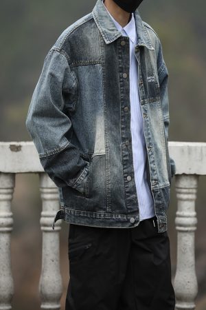 Unisex Retro Blue Patchwork Denim Jacket - Hip-Hop Loose Fit Workwear for Spring and Autumn, Vintage Japanese Style
