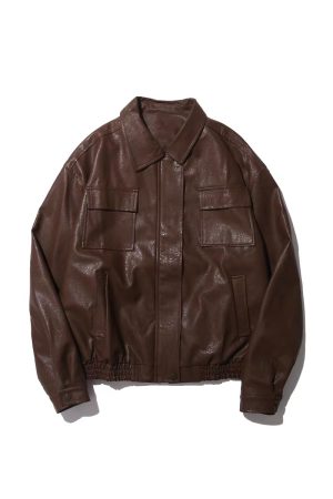 Unisex Retro Brown PU Leather Motorcycle Jacket with Lapel, Multi-Pocket Design, Japanese Style for Spring and Autumn Wear