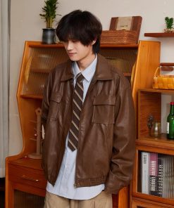 Unisex Retro Brown PU Leather Motorcycle Jacket with Lapel, Multi-Pocket Design, Japanese Style for Spring and Autumn Wear