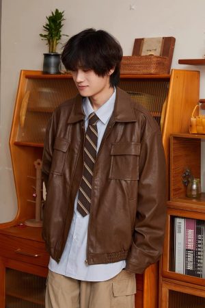 Unisex Retro Brown PU Leather Motorcycle Jacket with Lapel, Multi-Pocket Design, Japanese Style for Spring and Autumn Wear
