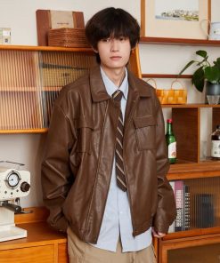 Unisex Retro Brown PU Leather Motorcycle Jacket with Lapel, Multi-Pocket Design, Japanese Style for Spring and Autumn Wear