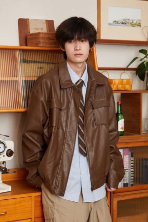 Unisex Retro Brown PU Leather Motorcycle Jacket with Lapel, Multi-Pocket Design, Japanese Style for Spring and Autumn Wear