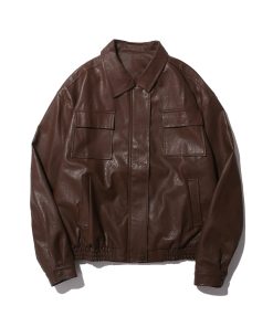 Unisex Retro Brown PU Leather Motorcycle Jacket with Lapel, Multi-Pocket Design, Japanese Style for Spring and Autumn Wear