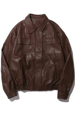 Unisex Retro Brown PU Leather Motorcycle Jacket with Lapel, Multi-Pocket Design, Japanese Style for Spring and Autumn Wear
