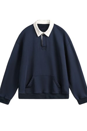 Unisex Retro Color-Blocked Polo Collar Sweatshirt - Casual Loose Fit Couple's Top for Spring & Autumn, College Style