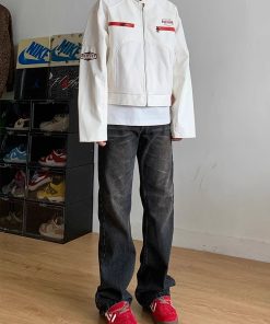 Unisex Retro High Street Motorcycle Jacket - Loose-Fitting PU Leather Coat, Vintage Style for Men and Women, Trendy Fashion