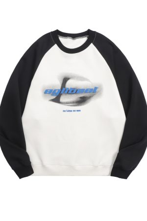 Unisex Retro Round Neck Color-Blocked Sweatshirt with Blurred Letter Design, Dropped Shoulders, Perfect for Spring and Autumn Fashion