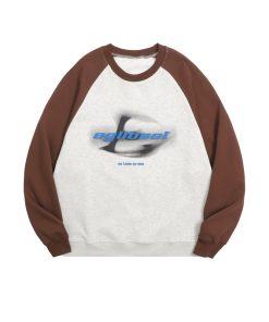 Unisex Retro Round Neck Color-Blocked Sweatshirt with Blurred Letter Design, Dropped Shoulders, Perfect for Spring and Autumn Fashion