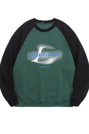 Unisex Retro Round Neck Color-Blocked Sweatshirt with Blurred Letter Design, Dropped Shoulders, Perfect for Spring and Autumn Fashion