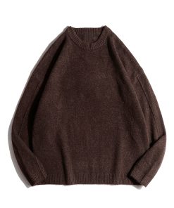 Unisex Retro Solid Color Round Neck Knitted Sweater - Japanese Casual Loose Fit, Cozy Autumn Winter Layering Top