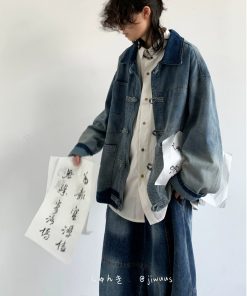 Unisex Retro Washed Denim Jacket with Button Placket and Patchwork - Casual Loose Fit for Spring and Autumn, Trendy Couple Style