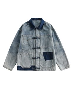Unisex Retro Washed Denim Jacket with Button Placket and Patchwork - Casual Loose Fit for Spring and Autumn, Trendy Couple Style