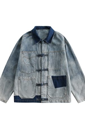Unisex Retro Washed Denim Jacket with Button Placket and Patchwork - Casual Loose Fit for Spring and Autumn, Trendy Couple Style