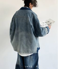 Unisex Retro Washed Denim Jacket with Button Placket and Patchwork - Casual Loose Fit for Spring and Autumn, Trendy Couple Style