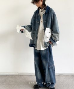 Unisex Retro Washed Denim Jacket with Button Placket and Patchwork - Casual Loose Fit for Spring and Autumn, Trendy Couple Style