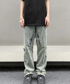 Unisex Straight Leg Jeans in Yellow Mud Dye with Zipper Detail | Retro 90s Streetwear Style