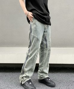 Unisex Straight Leg Jeans in Yellow Mud Dye with Zipper Detail | Retro 90s Streetwear Style