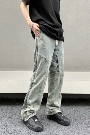 Unisex Straight Leg Jeans in Yellow Mud Dye with Zipper Detail | Retro 90s Streetwear Style