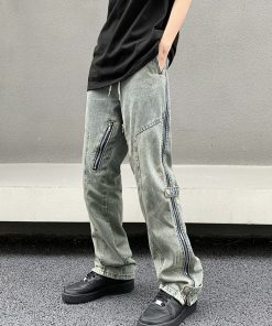 Unisex Straight Leg Jeans in Yellow Mud Dye with Zipper Detail | Retro 90s Streetwear Style