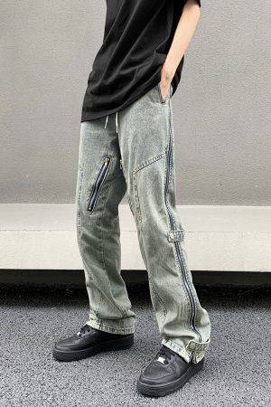 Unisex Straight Leg Jeans in Yellow Mud Dye with Zipper Detail | Retro 90s Streetwear Style